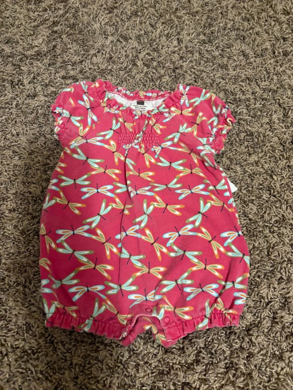 Tea Collection Pink Dragonfly Print Romper 6-12 Months Smocked Short Sleeve